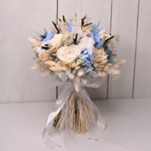 Buchet de mireasa cu trandafiri criogenati si flori uscate - alb, albastru, bleu, verde 3 buchet flori mireasa