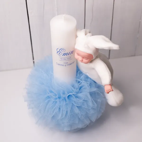 Lumanare botez baietel - Somnoros si tulle albastru 1 lumanare botez tulle bebelus somnoros