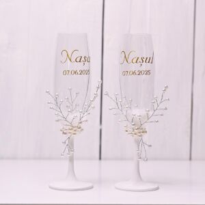Pahare nunta nasi - perle si personalizarie cu auriu 3 pahare nasi
