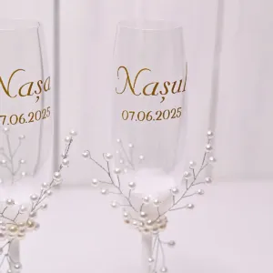 Pahare nunta nasi - perle si personalizarie cu auriu 4 pahare nunta nasi